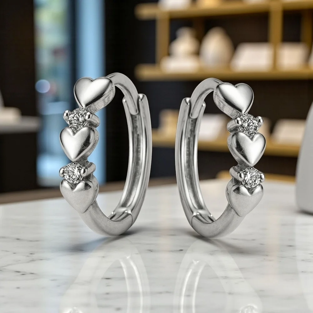 Minimalist Hoop Heart Earrings S925 Sterling Silver Dainty Zirconia Gift